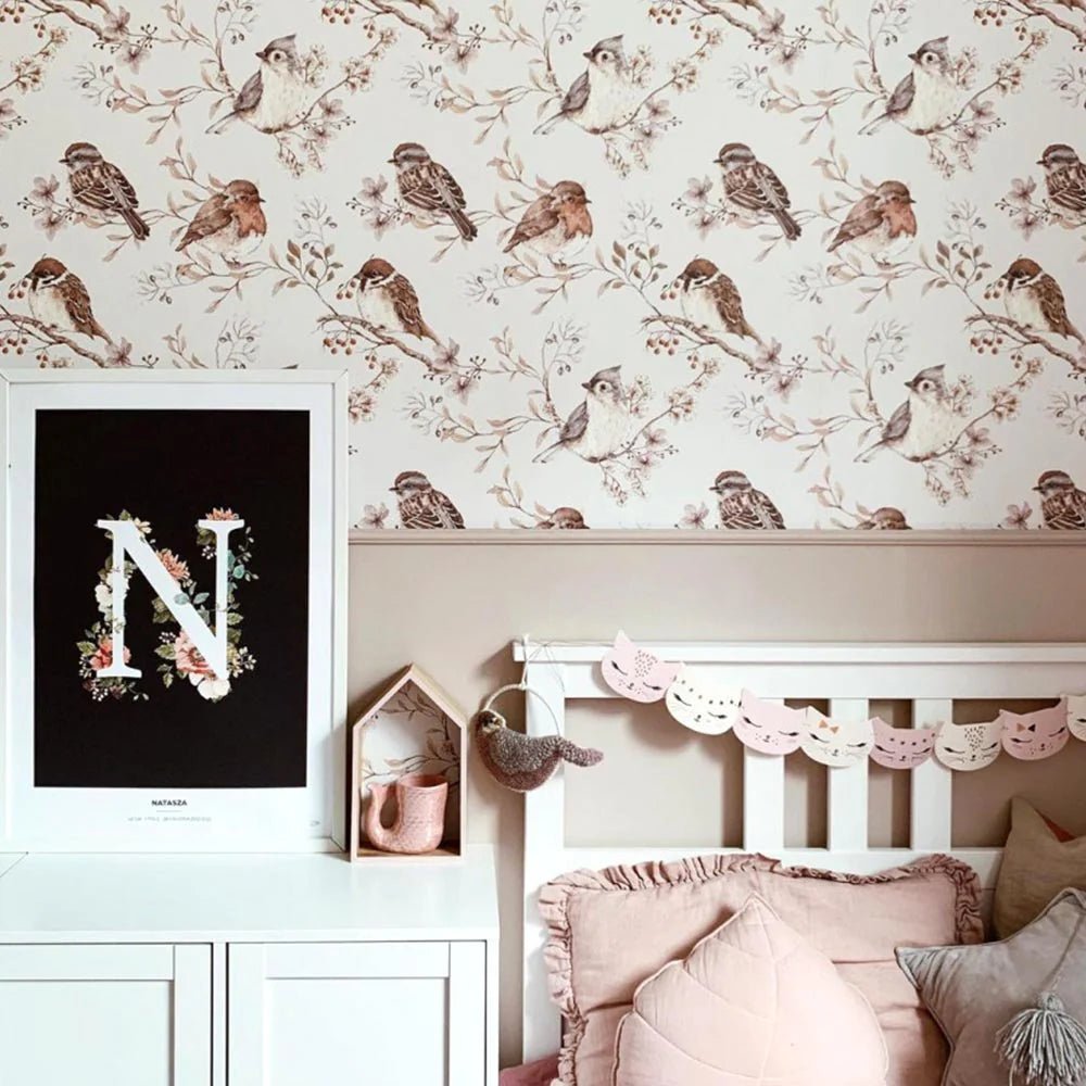 Wallpaper - Birds White - Gray - Le Petit Marché Home Furniture