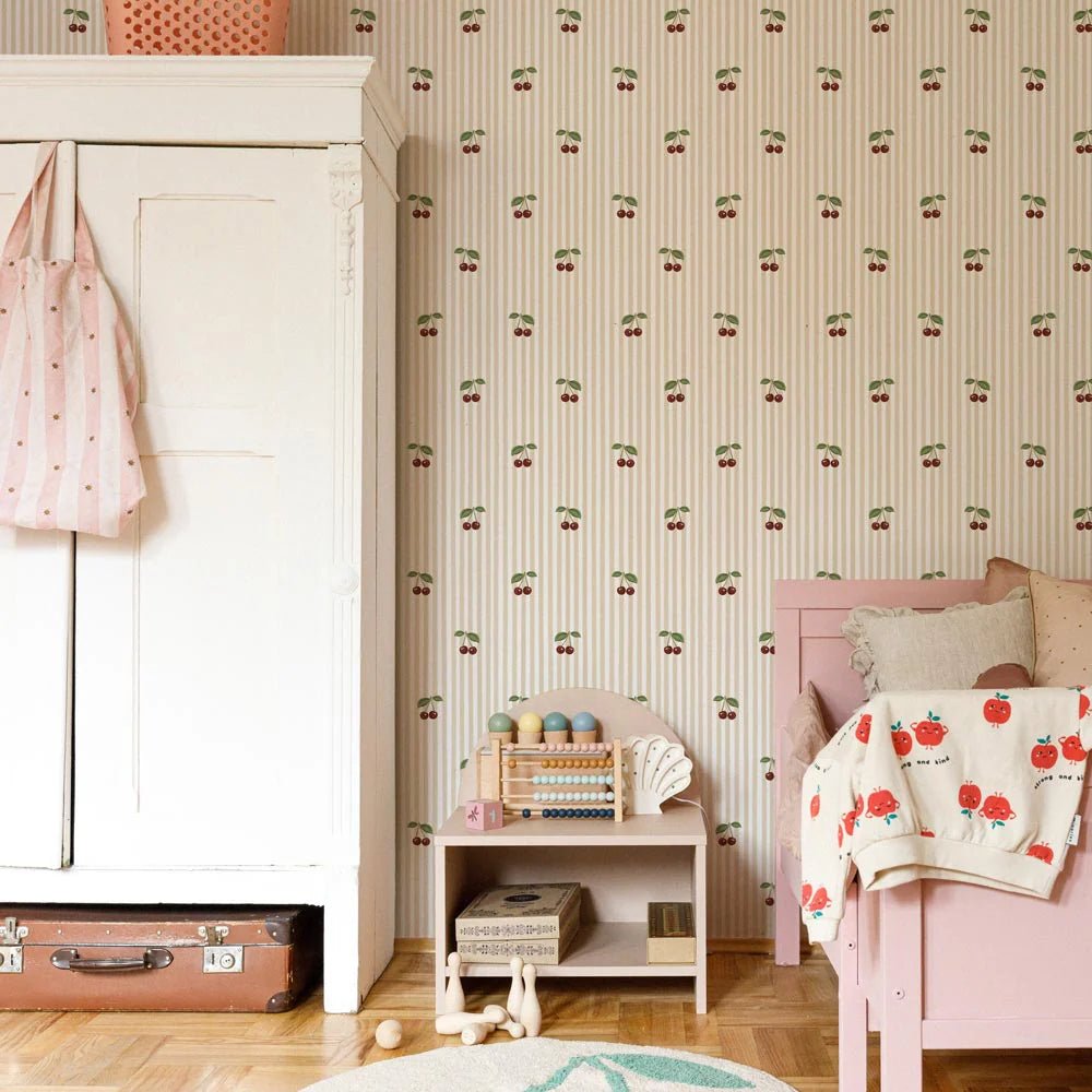 Wallpaper - Little Cherries on Beige Stripes - Le Petit Marché Home Furniture
