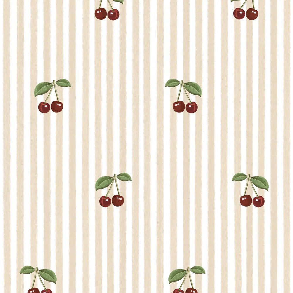 Wallpaper - Little Cherries on Beige Stripes - Le Petit Marché Home Furniture