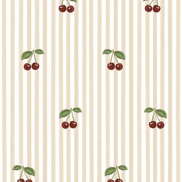 Wallpaper - Little Cherries on Beige Stripes - Le Petit Marché Home Furniture