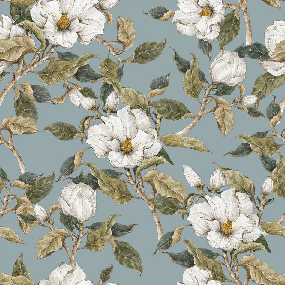 Wallpaper - Magnolias on the Blue Background - Le Petit Marché Home Furniture