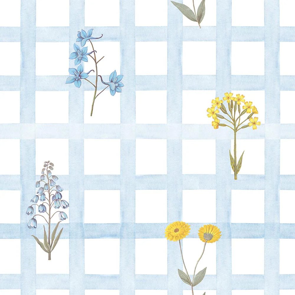 Wallpaper - Meadow Flowers on Check Blue - Le Petit Marché Home Furniture