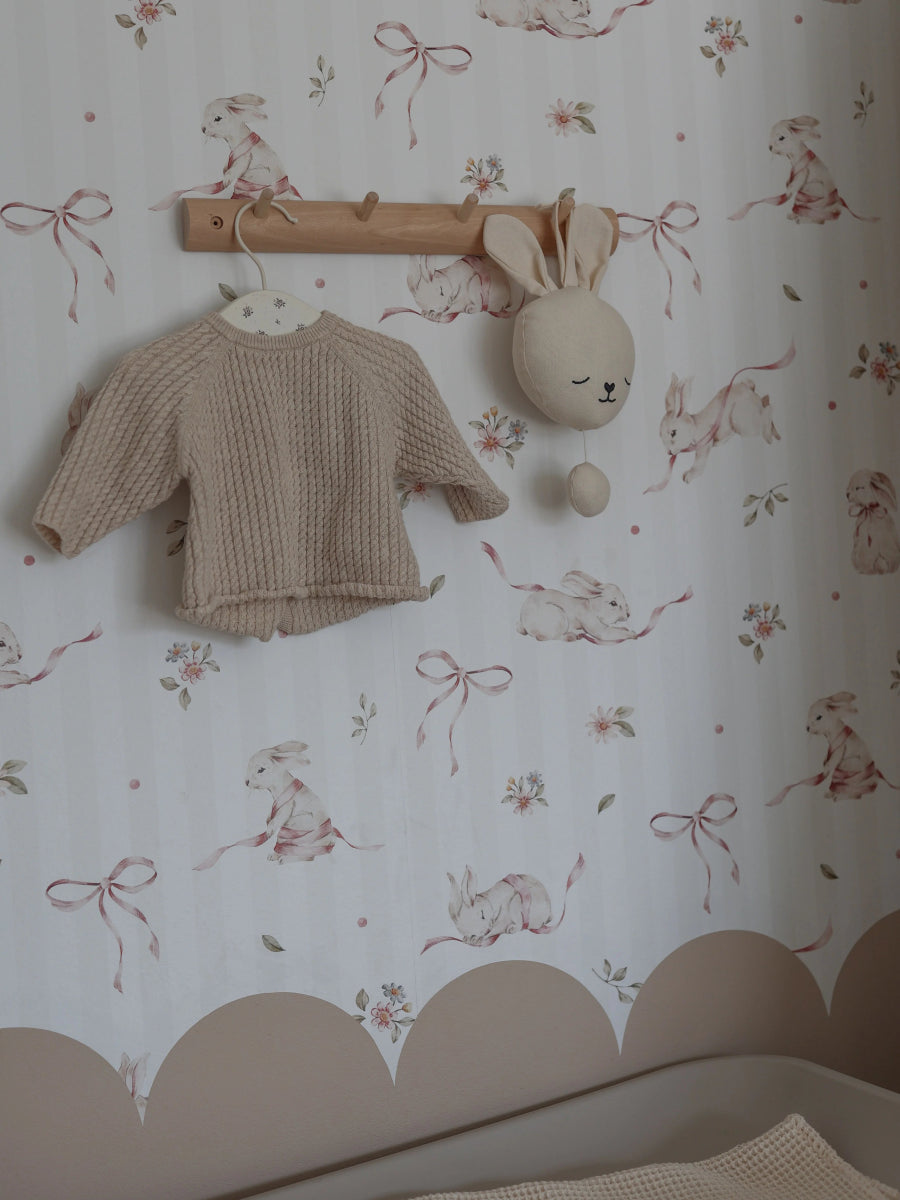 Wallpaper - Pink Rabbits On Stripes - Le Petit Marché Home Furniture
