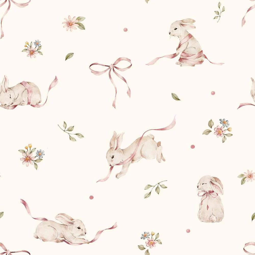 Wallpaper - Pink Rabbits On White - Le Petit Marché Home Furniture