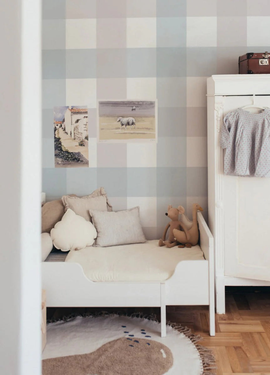 Wallpaper - Provence Check Beige Blue Big - Le Petit Marché Home Furniture