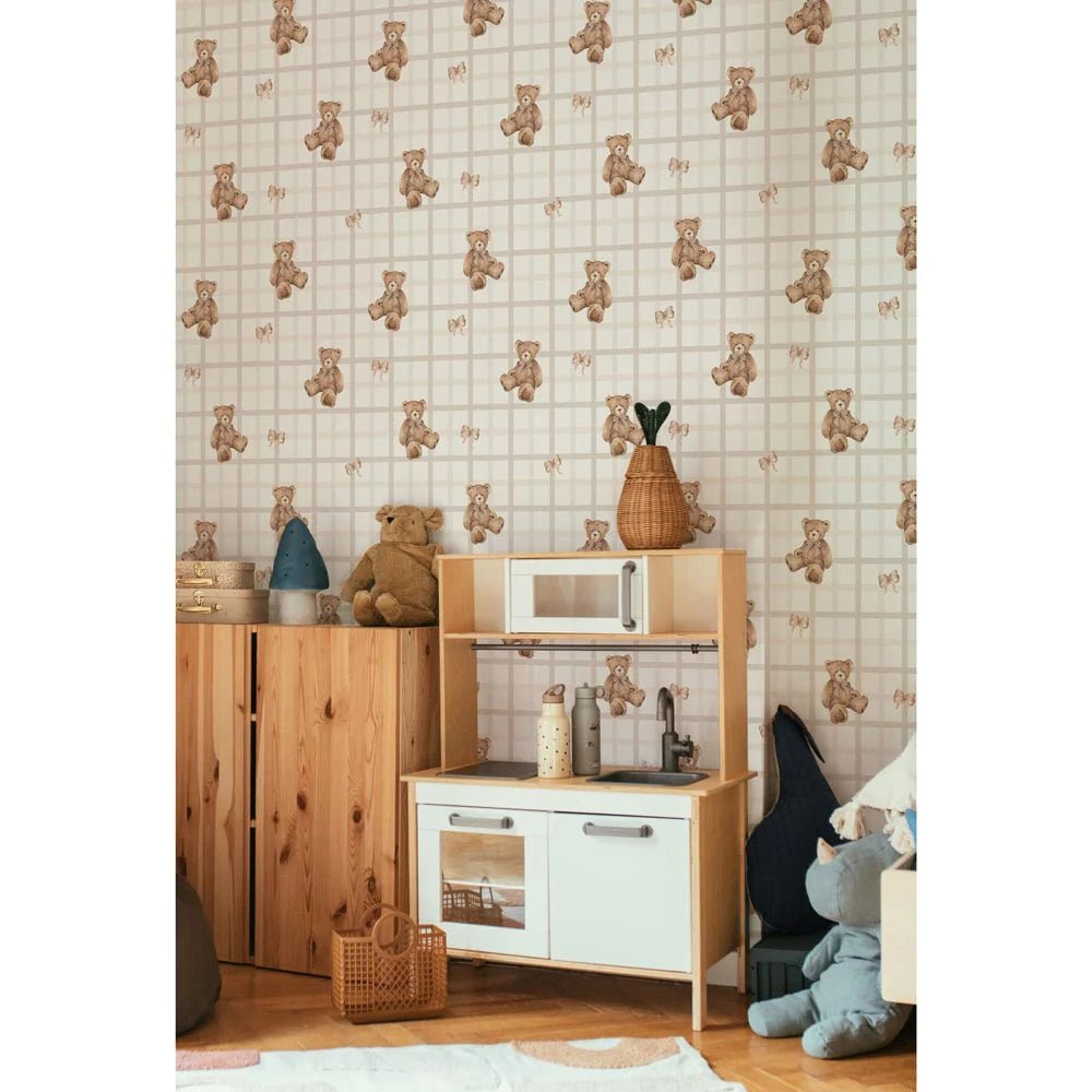 Wallpaper - Teddy Bears on Check Beige - Le Petit Marché Home Furniture
