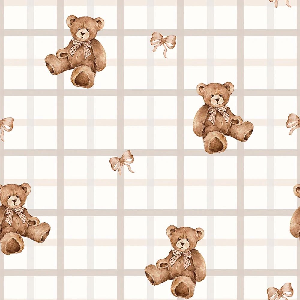 Wallpaper - Teddy Bears on Check Beige - Le Petit Marché Home Furniture