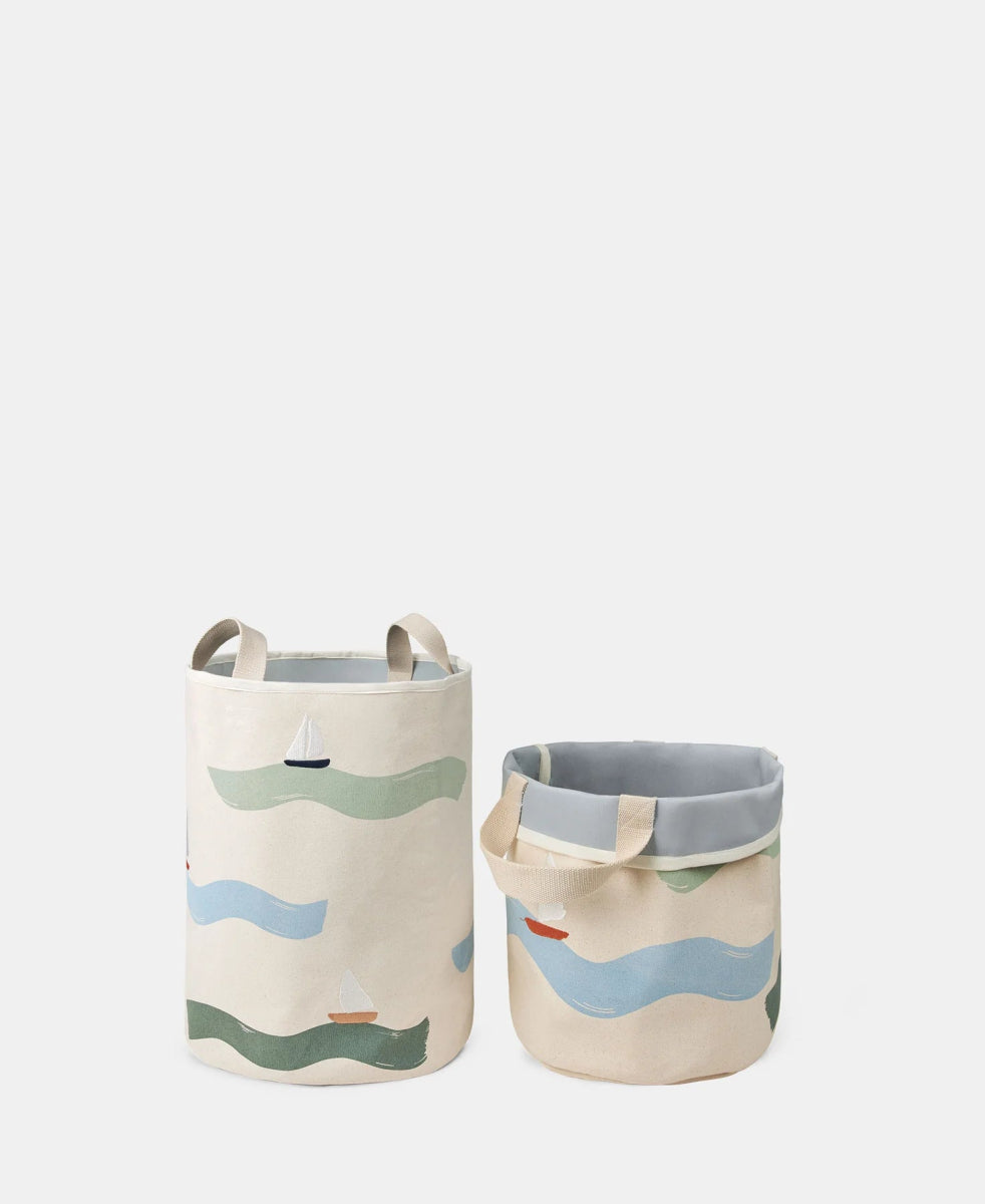 2 - Pack Embroidered Storage Baskets, Small, Big Waves - Le Petit Marché Home Furniture