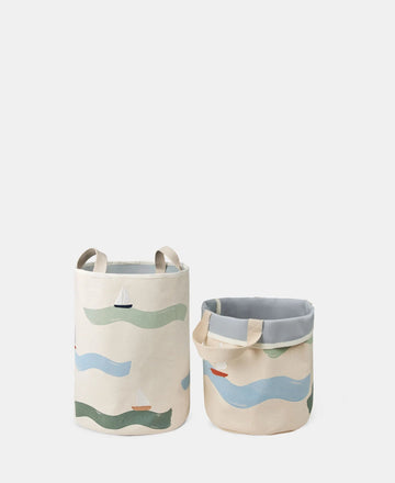 2 - Pack Embroidered Storage Baskets, Small, Big Waves - Le Petit Marché Home Furniture