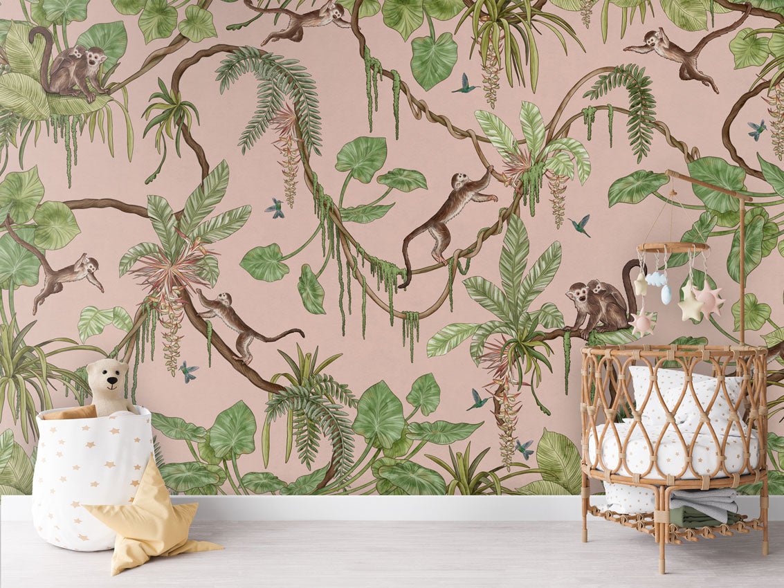 Wallpaper - Playful Monkeys - Pink (Pre - Order) - LPM Home