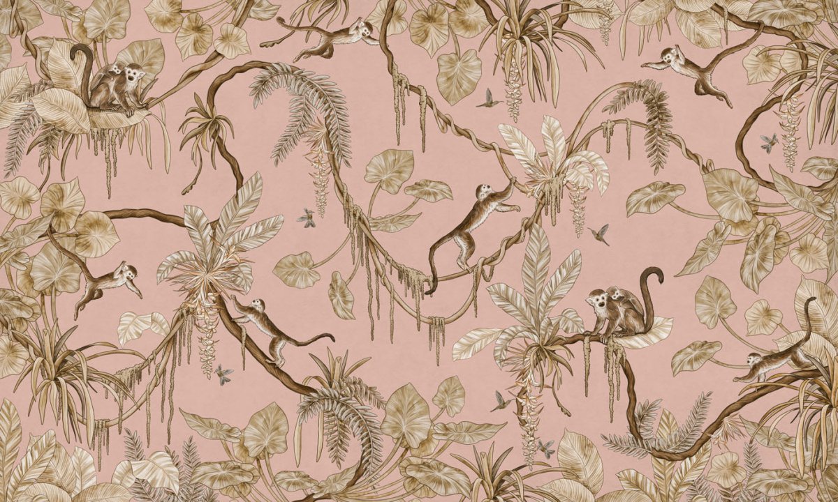 Wallpaper - Playful Monkeys - Vintage - Pink (Pre - Order) - LPM Home