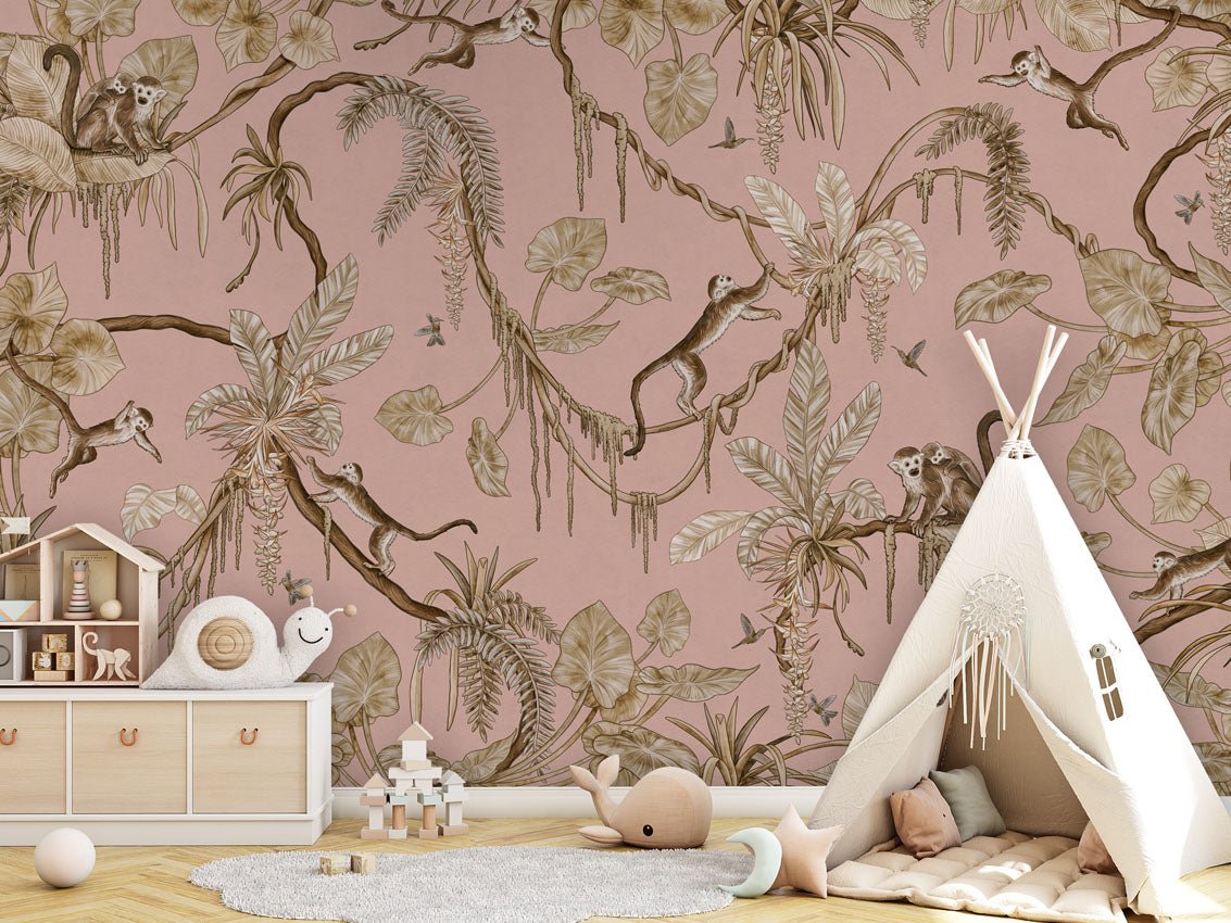 Wallpaper - Playful Monkeys - Vintage - Pink (Pre - Order) - LPM Home