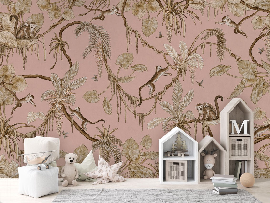 Wallpaper - Playful Monkeys - Vintage - Pink (Pre - Order) - LPM Home