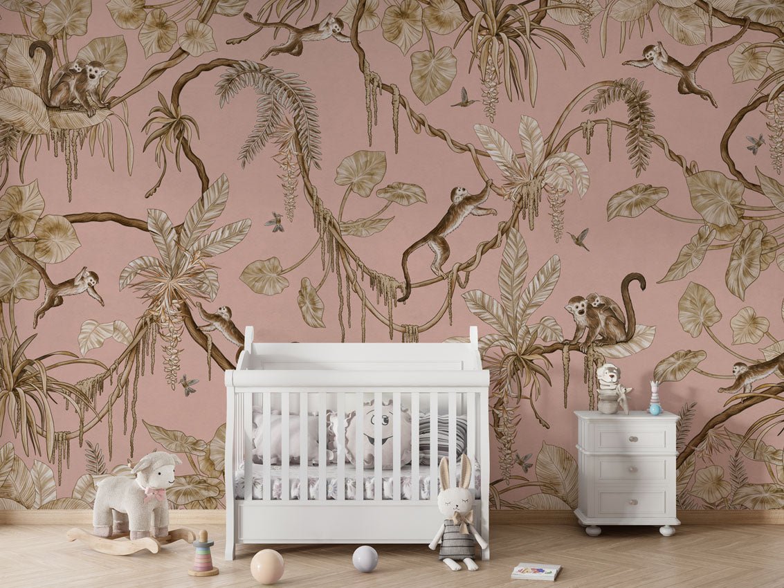 Wallpaper - Playful Monkeys - Vintage - Pink (Pre - Order) - LPM Home