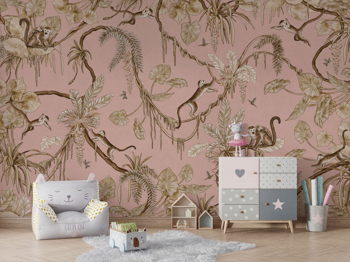 Wallpaper - Playful Monkeys - Vintage - Pink (Pre - Order) - LPM Home