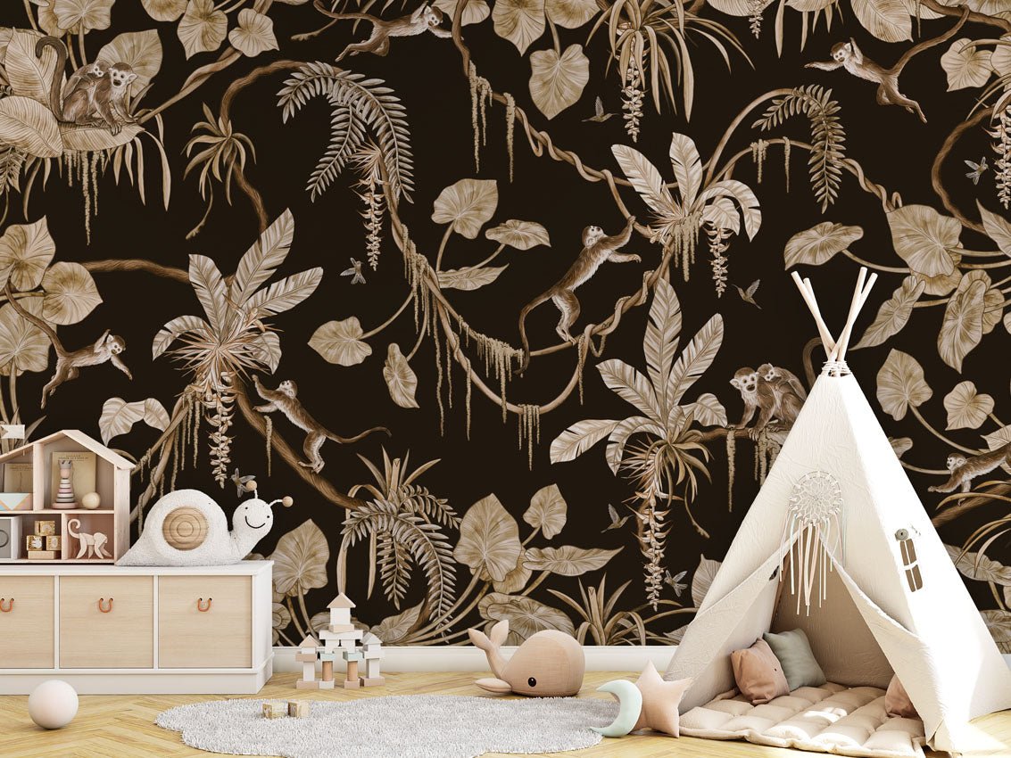 Wallpaper - Playful Monkeys - Vintage - Black (Pre - Order) - LPM Home