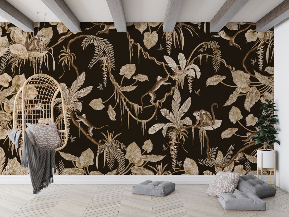 Wallpaper - Playful Monkeys - Vintage - Black (Pre - Order) - LPM Home
