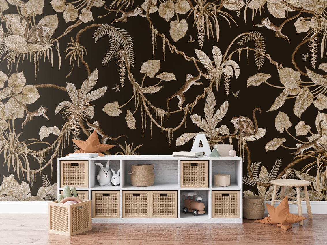 Wallpaper - Playful Monkeys - Vintage - Black (Pre - Order) - LPM Home
