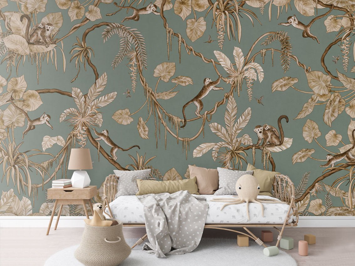 Wallpaper - Playful Monkeys - Vintage - Green (Pre - Order) - LPM Home