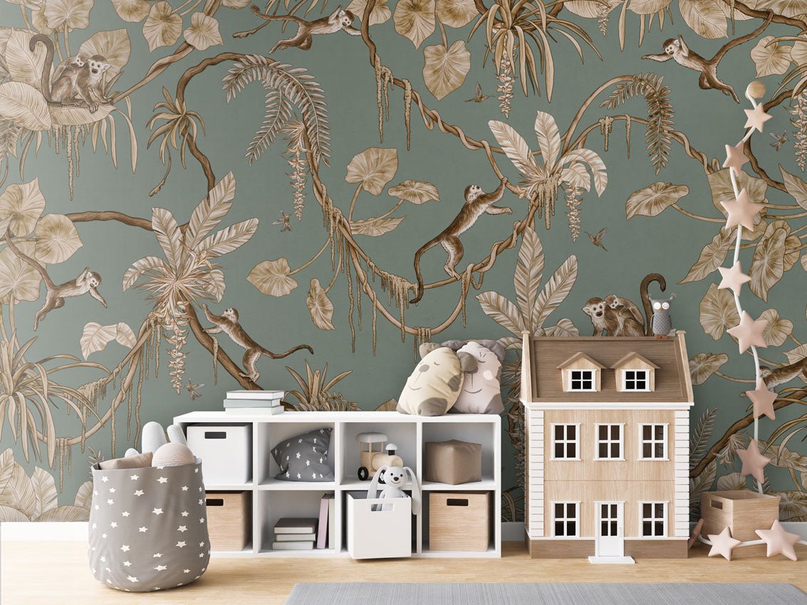 Wallpaper - Playful Monkeys - Vintage - Green (Pre - Order) - LPM Home