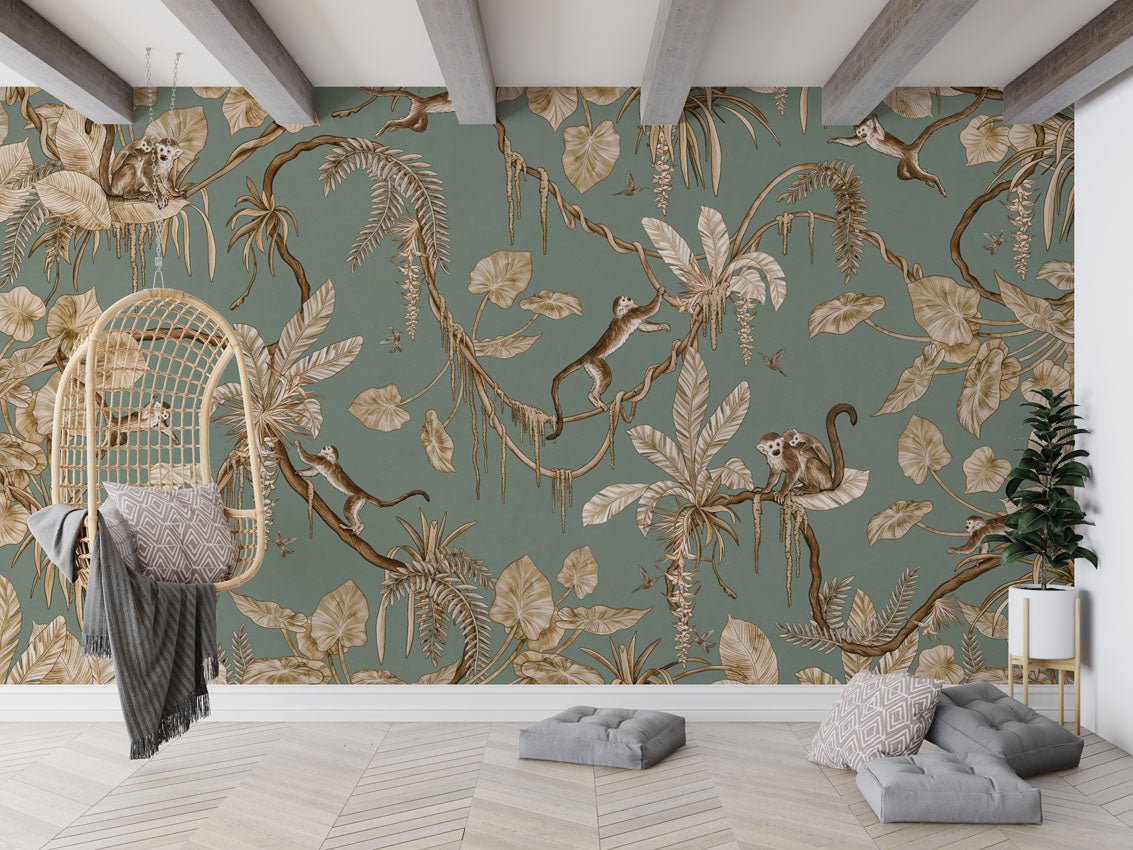 Wallpaper - Playful Monkeys - Vintage - Green (Pre - Order) - LPM Home