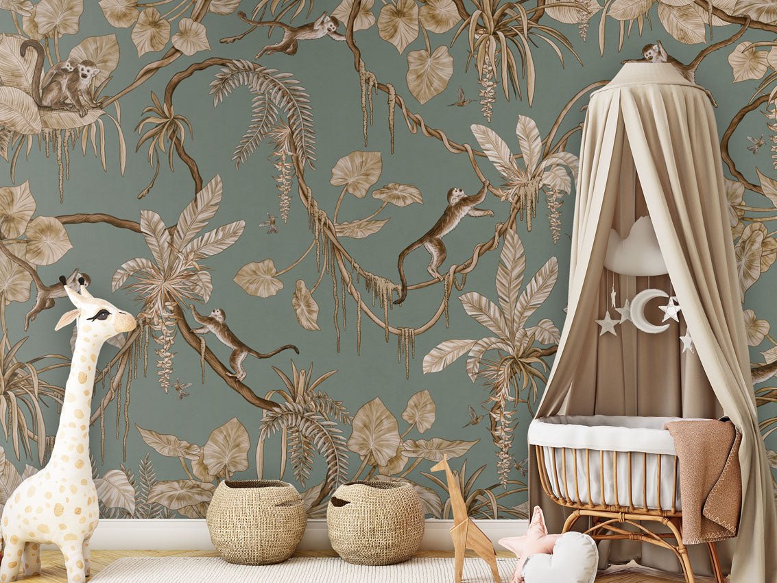 Wallpaper - Playful Monkeys - Vintage - Green (Pre - Order) - LPM Home
