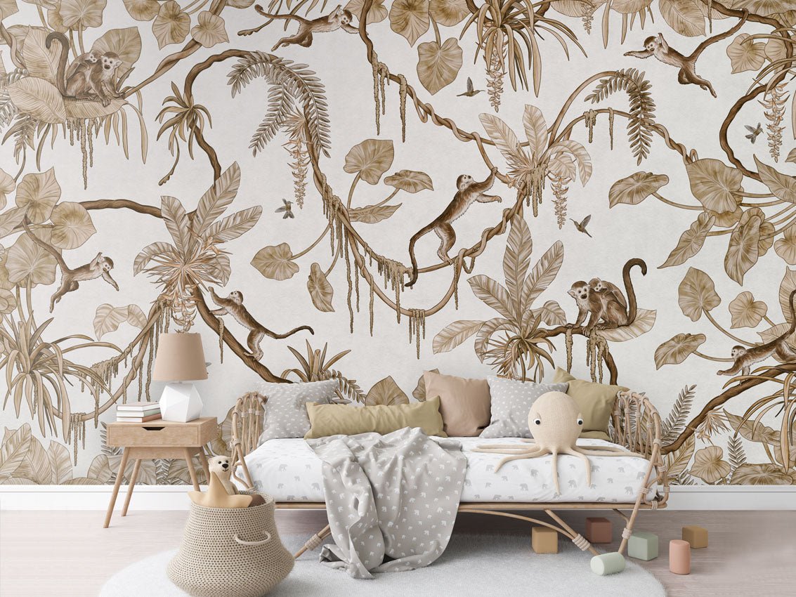 Wallpaper - Playful Monkeys - Vintage - White (Pre - Order) - LPM Home