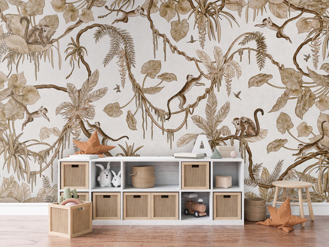 Wallpaper - Playful Monkeys - Vintage - White (Pre - Order) - LPM Home