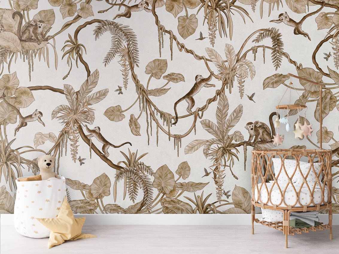 Wallpaper - Playful Monkeys - Vintage - White (Pre - Order) - LPM Home