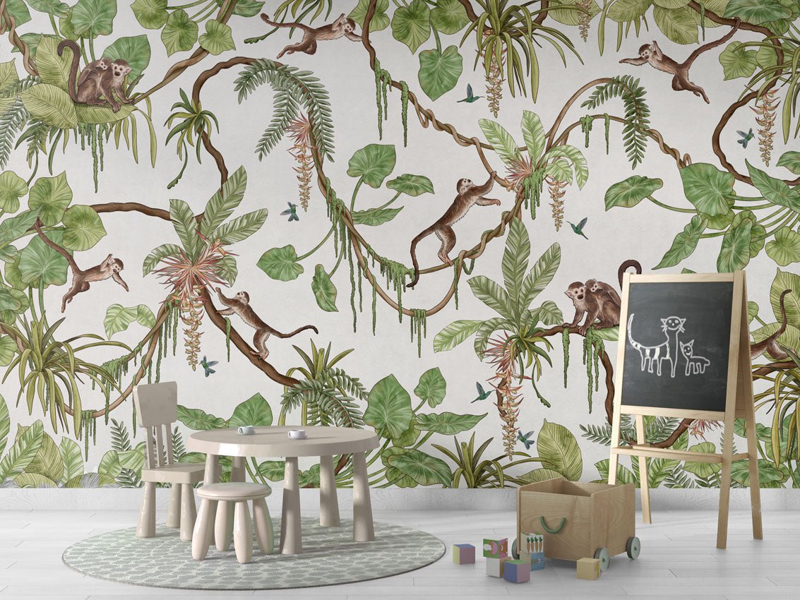 Wallpaper - Playful Monkeys - White (Pre - Order) - LPM Home