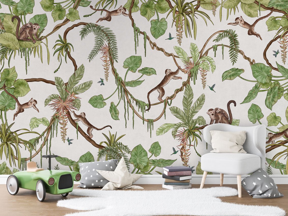 Wallpaper - Playful Monkeys - White (Pre - Order) - LPM Home