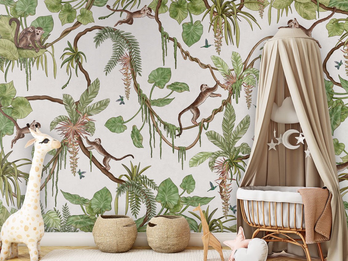 Wallpaper - Playful Monkeys - White (Pre - Order) - LPM Home