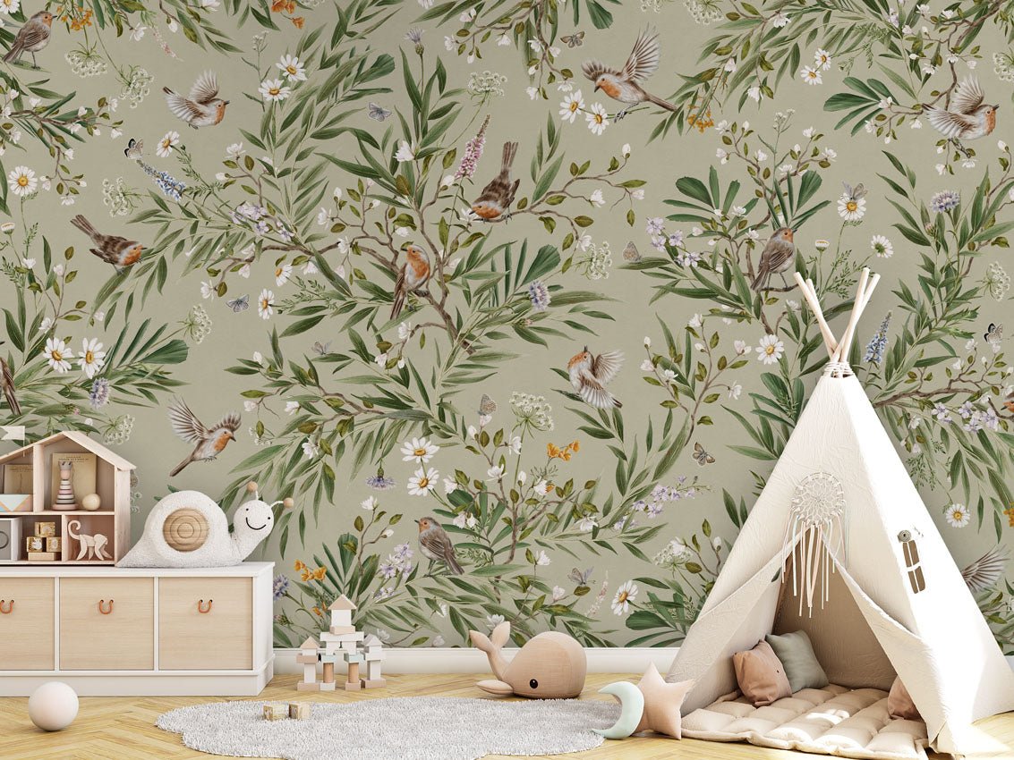 Wallpaper - Playful Robins - Green (Pre - Order) - LPM Home