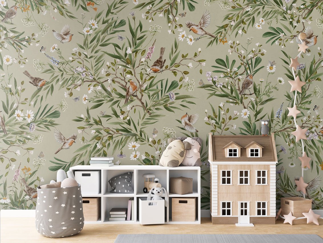 Wallpaper - Playful Robins - Green (Pre - Order) - LPM Home