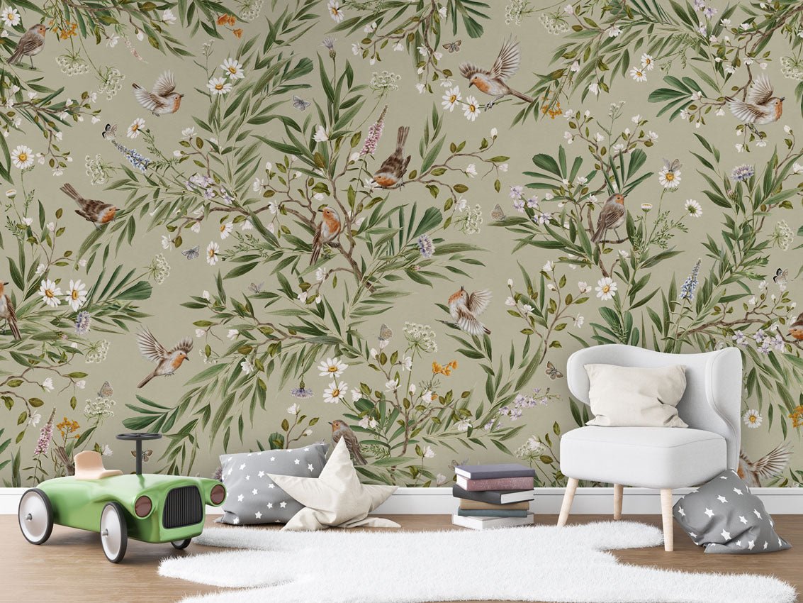 Wallpaper - Playful Robins - Green (Pre - Order) - LPM Home