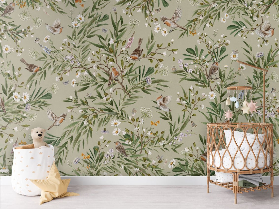 Wallpaper - Playful Robins - Green (Pre - Order) - LPM Home