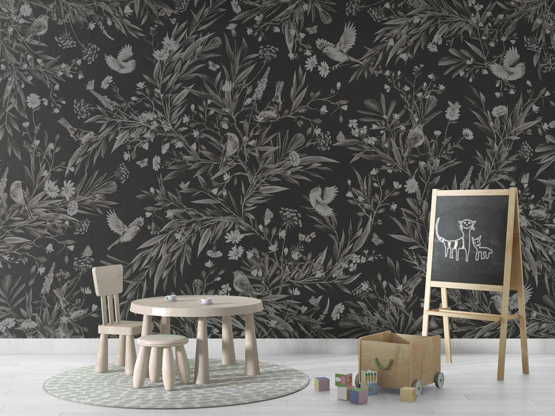 Wallpaper - Playful Robins - Monochrome - Black (Pre - Order) - LPM Home