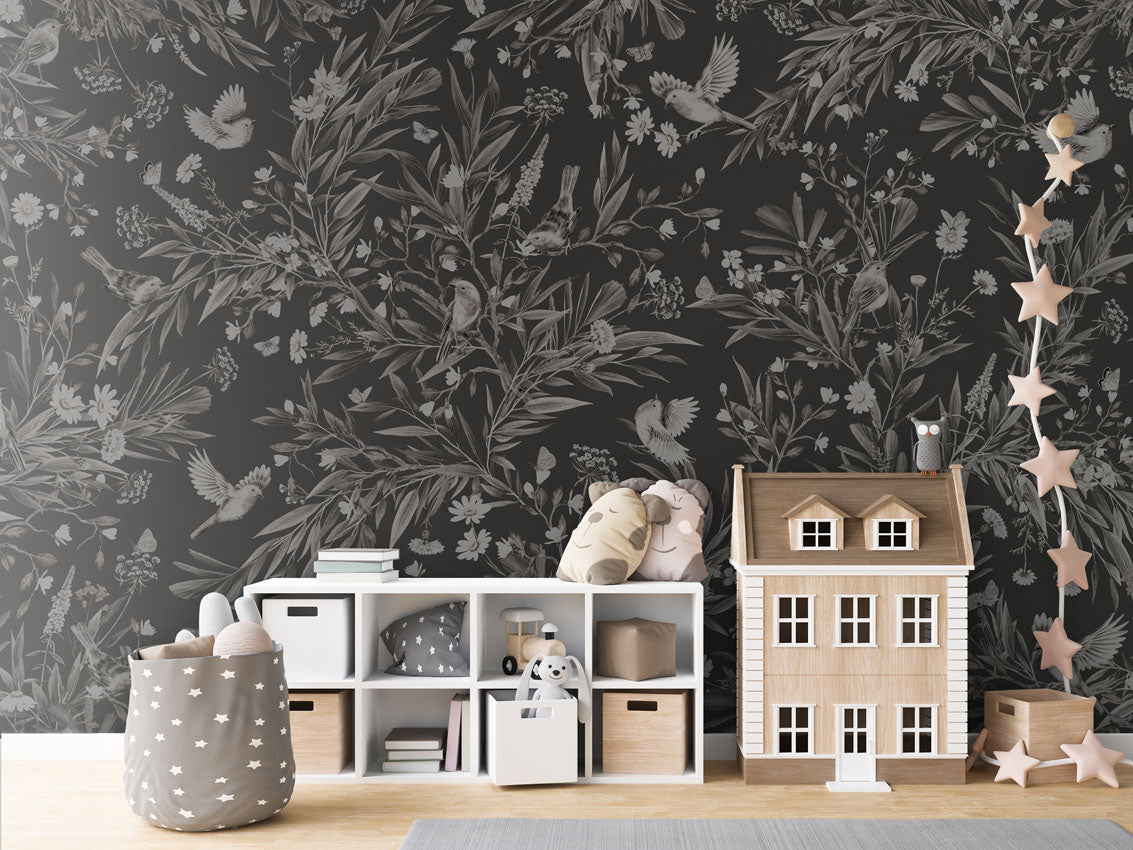Wallpaper - Playful Robins - Monochrome - Black (Pre - Order) - LPM Home