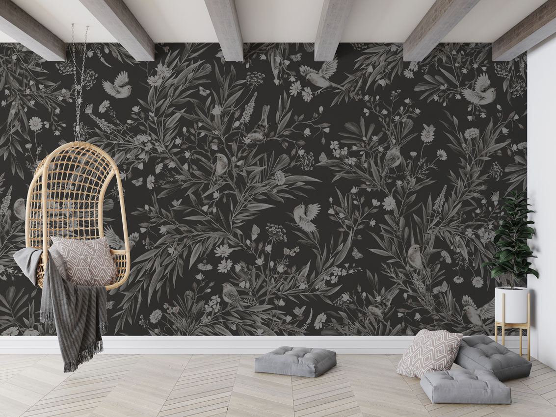 Wallpaper - Playful Robins - Monochrome - Black (Pre - Order) - LPM Home