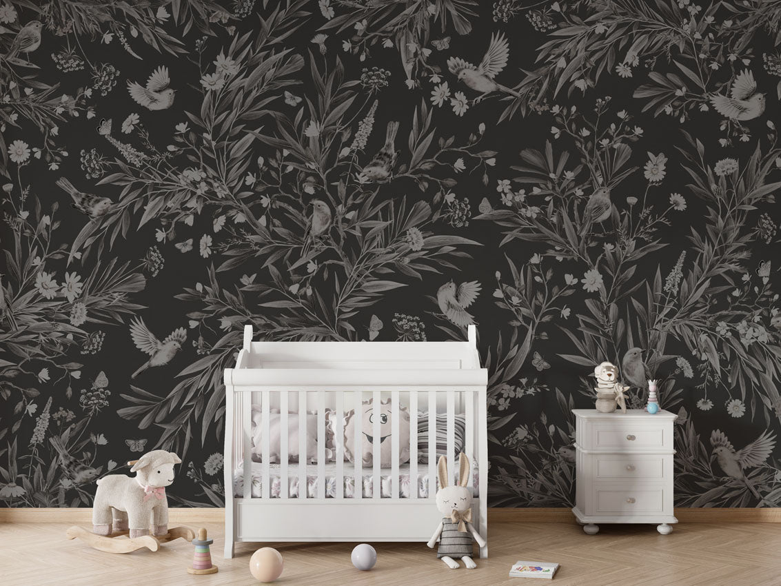 Wallpaper - Playful Robins - Monochrome - Black (Pre - Order) - LPM Home