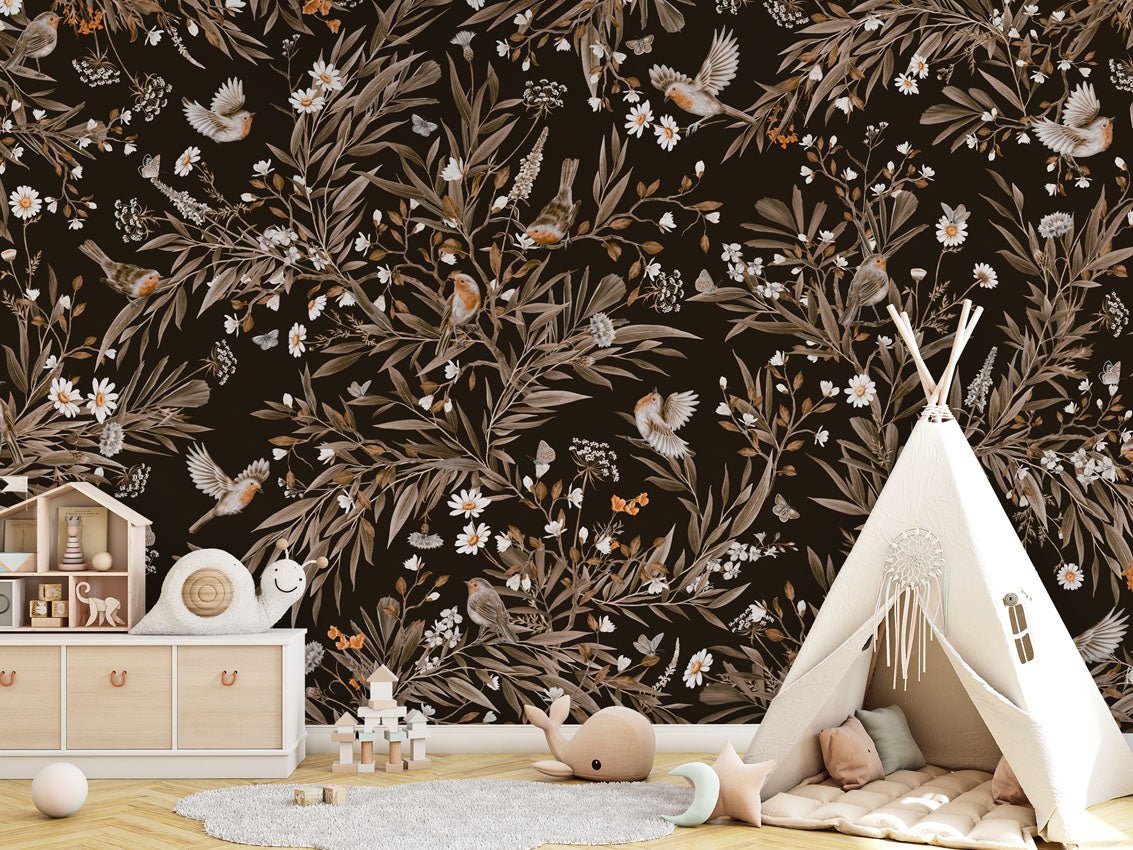 Wallpaper - Playful Robins - Vintage - Black (Pre - Order) - LPM Home