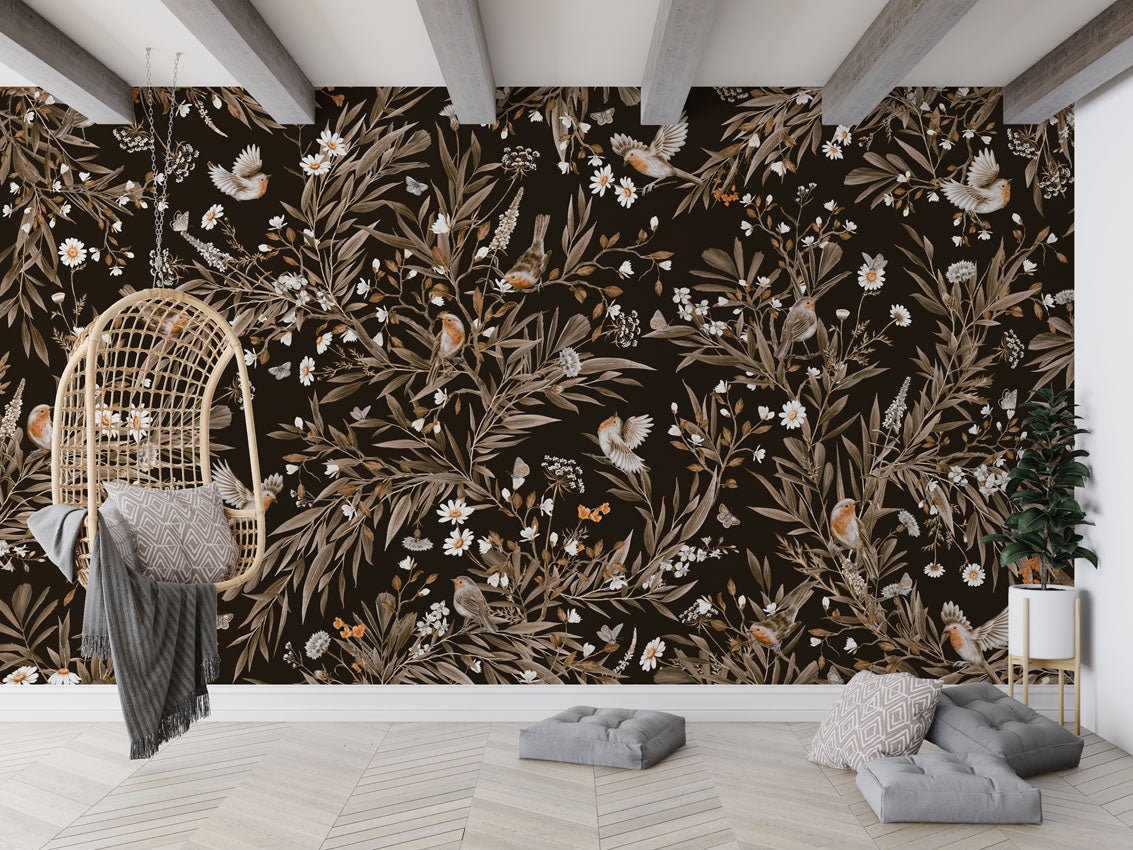 Wallpaper - Playful Robins - Vintage - Black (Pre - Order) - LPM Home