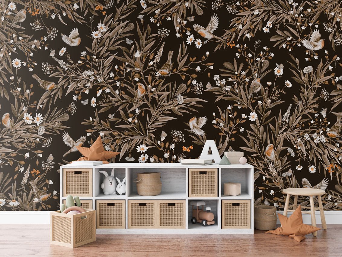 Wallpaper - Playful Robins - Vintage - Black (Pre - Order) - LPM Home