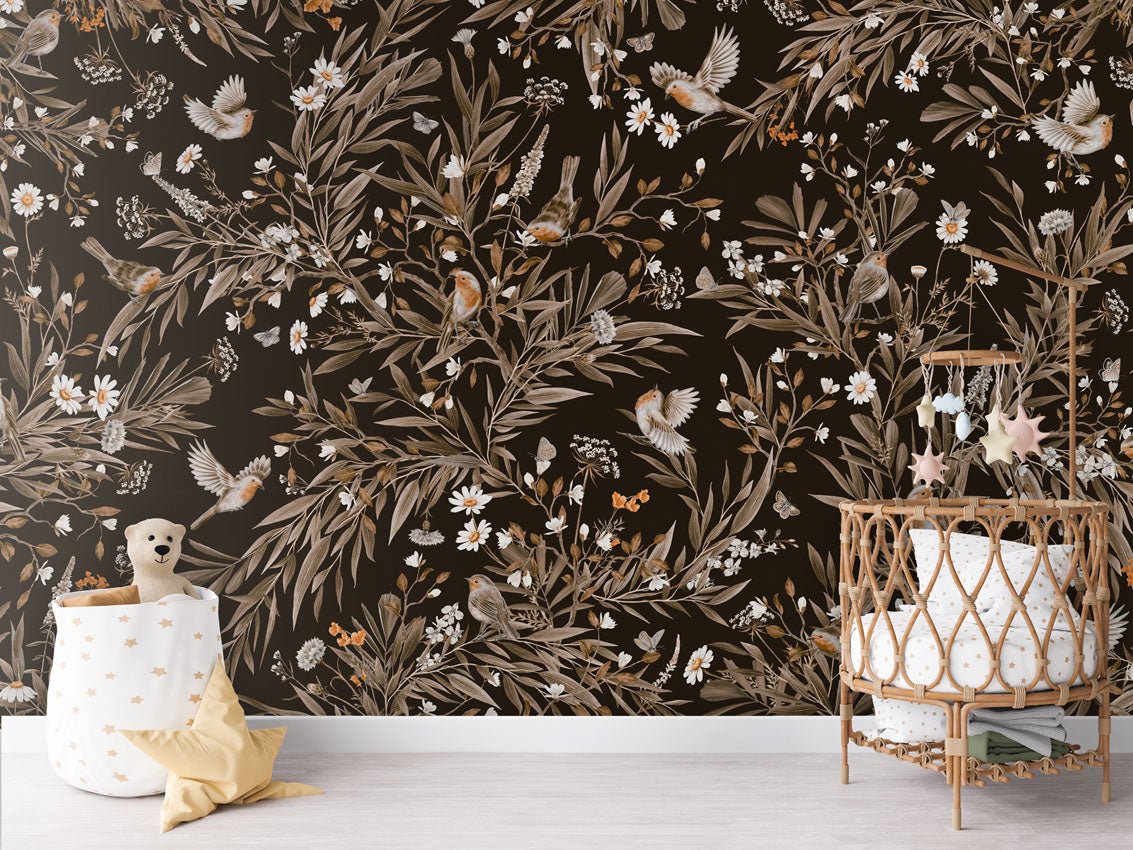 Wallpaper - Playful Robins - Vintage - Black (Pre - Order) - LPM Home