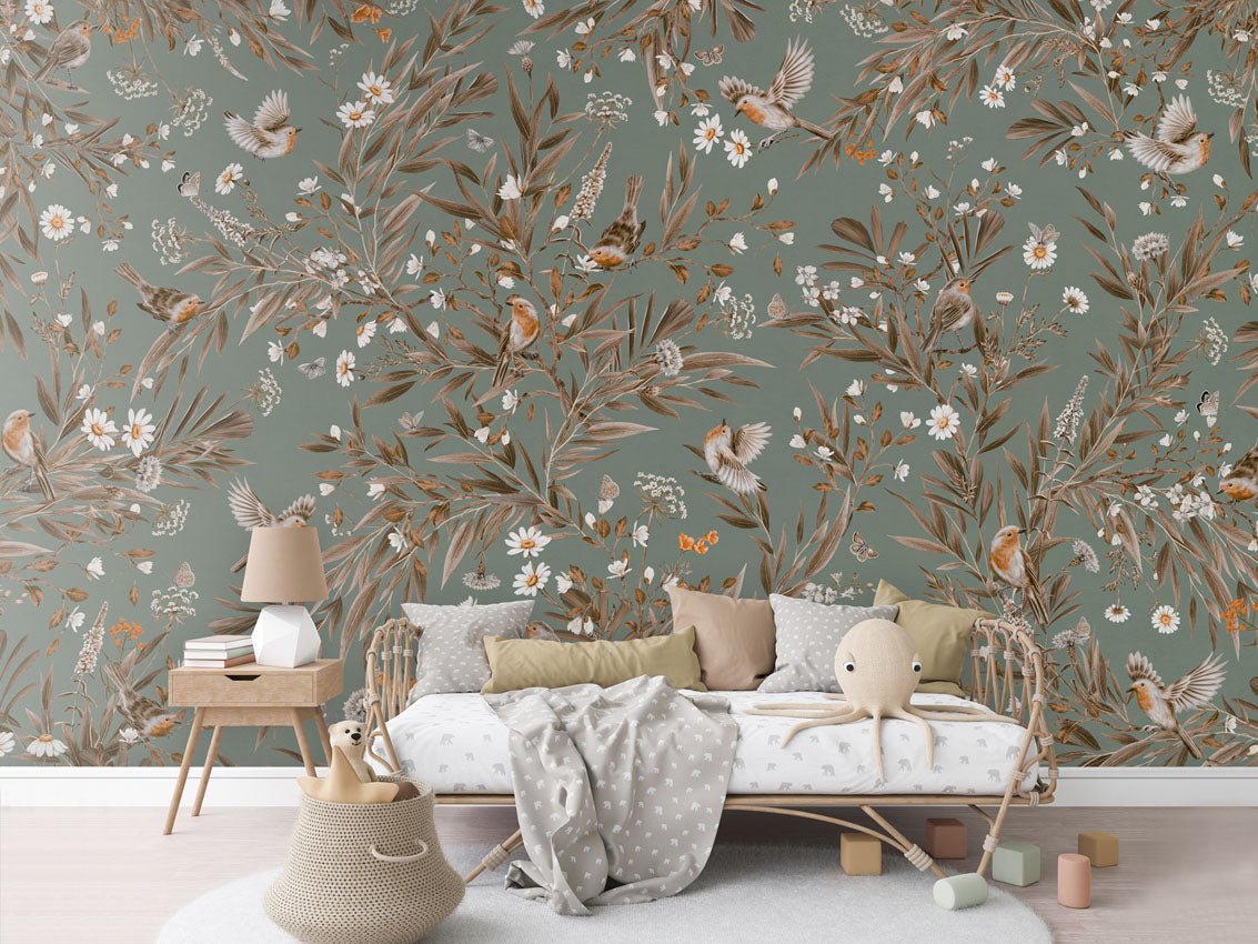 Wallpaper - Playful Robins - Vintage - Green (Pre - Order) - LPM Home