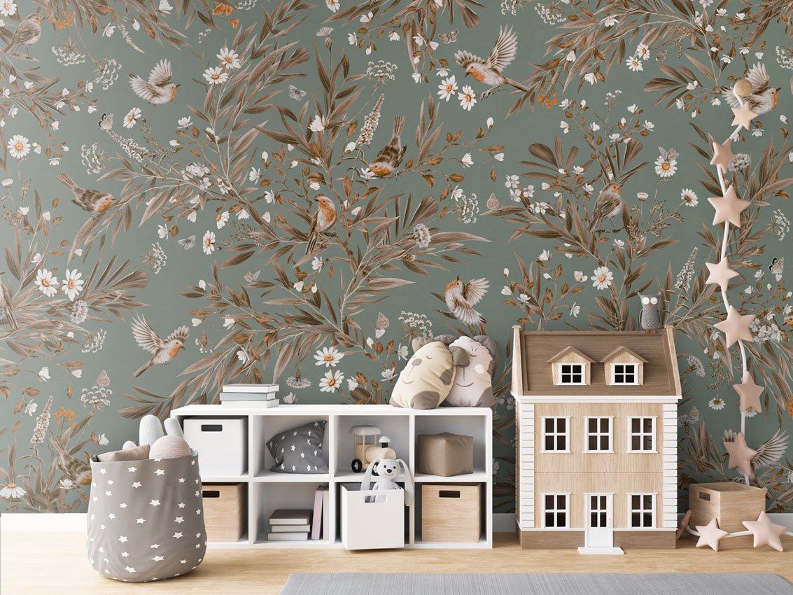 Wallpaper - Playful Robins - Vintage - Green (Pre - Order) - LPM Home