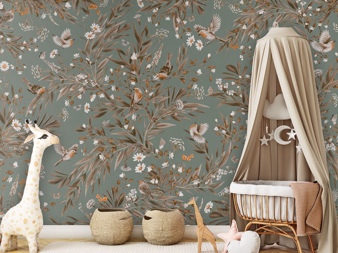 Wallpaper - Playful Robins - Vintage - Green (Pre - Order) - LPM Home