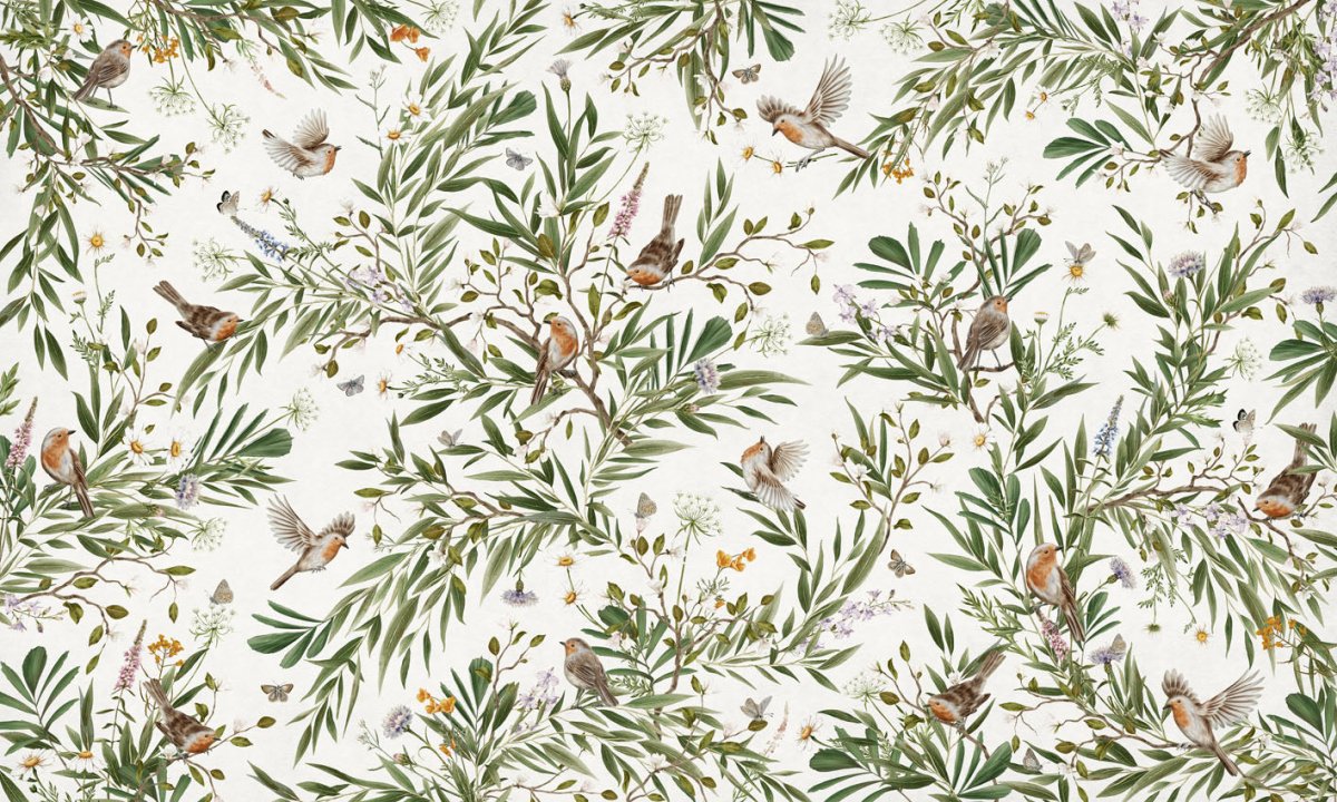 Wallpaper - Playful Robins - White (Pre - Order) - LPM Home