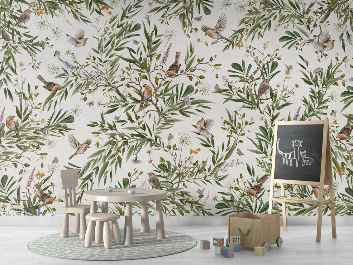 Wallpaper - Playful Robins - White (Pre - Order) - LPM Home