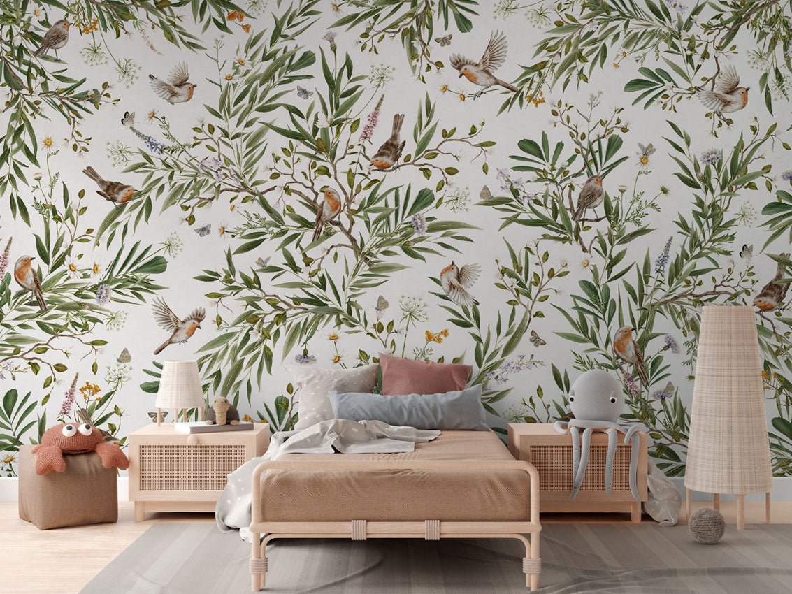 Wallpaper - Playful Robins - White (Pre - Order) - LPM Home